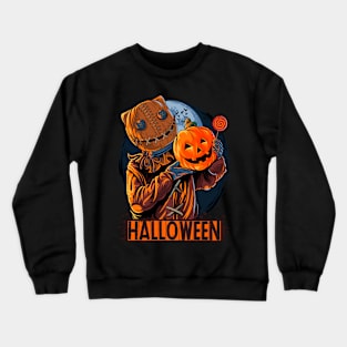 halloween sack masked man carrying pumpkin candy Crewneck Sweatshirt